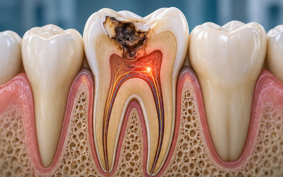 پوسیدگی عمیق نزدیک پالپ به‌عنوان یکی از علائم نیاز به درمان ریشه